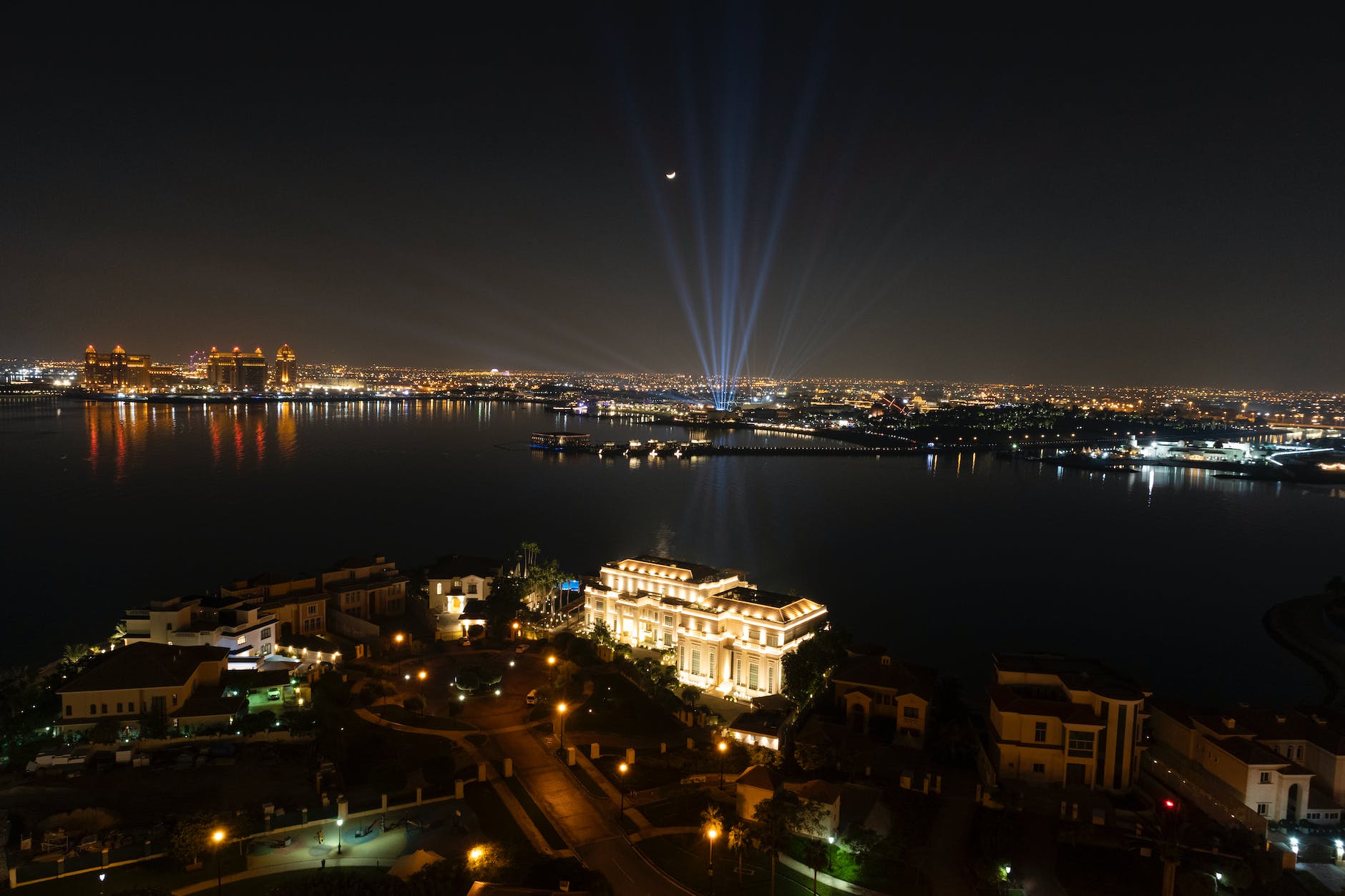 drone shot of a city at night